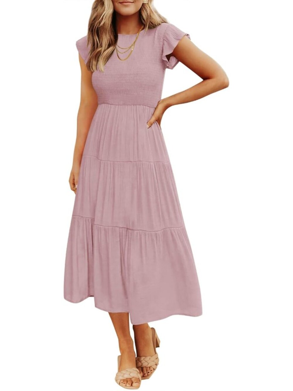 〽️Dark Pink Smocked Midi Dress Women’s Flutter Sleeve Crew Neck Tiered Boho